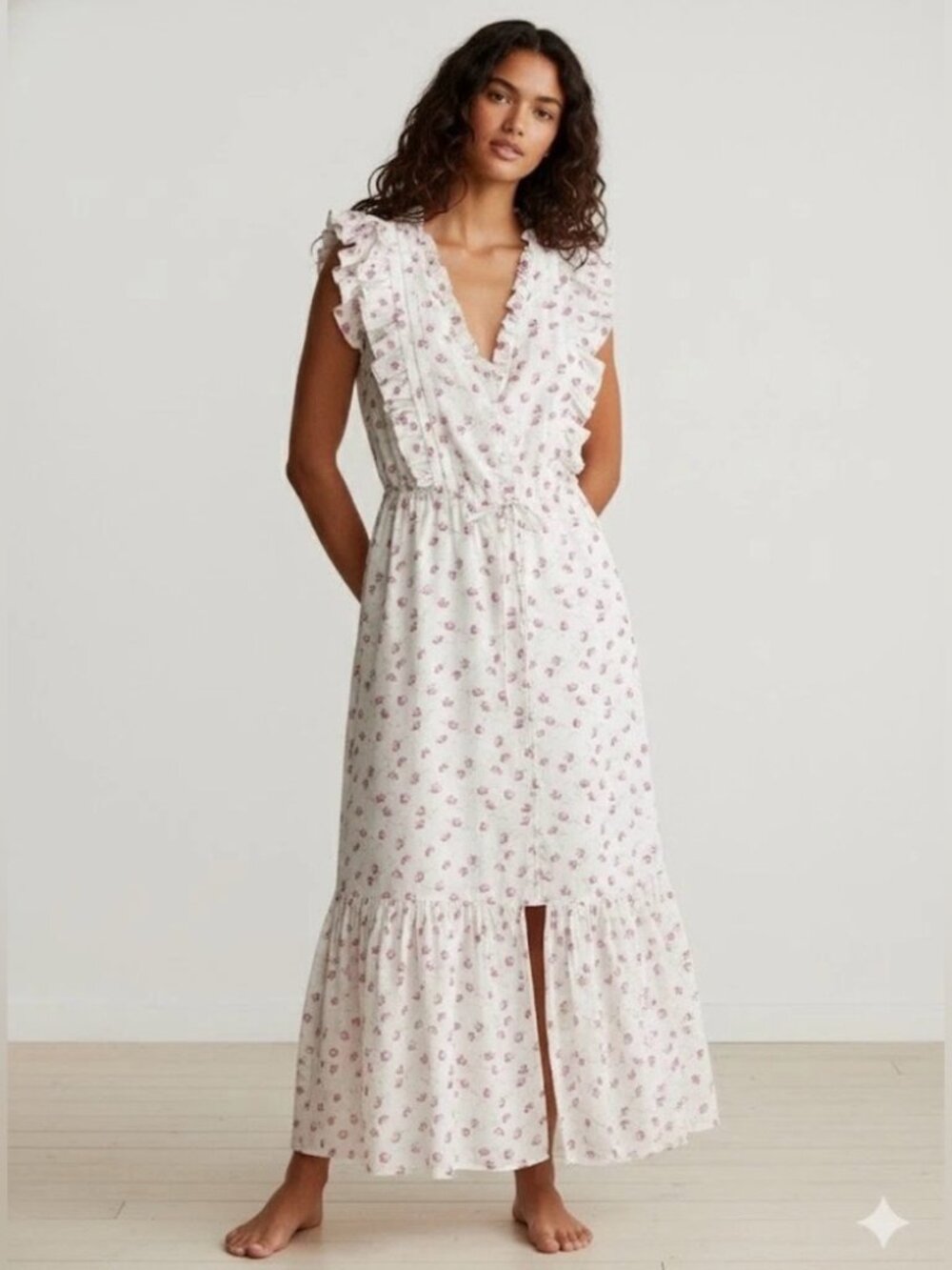 Polo Ralph Lauren Maxi Dress Dainty Romantic White Floral Flutter sleeve V neck